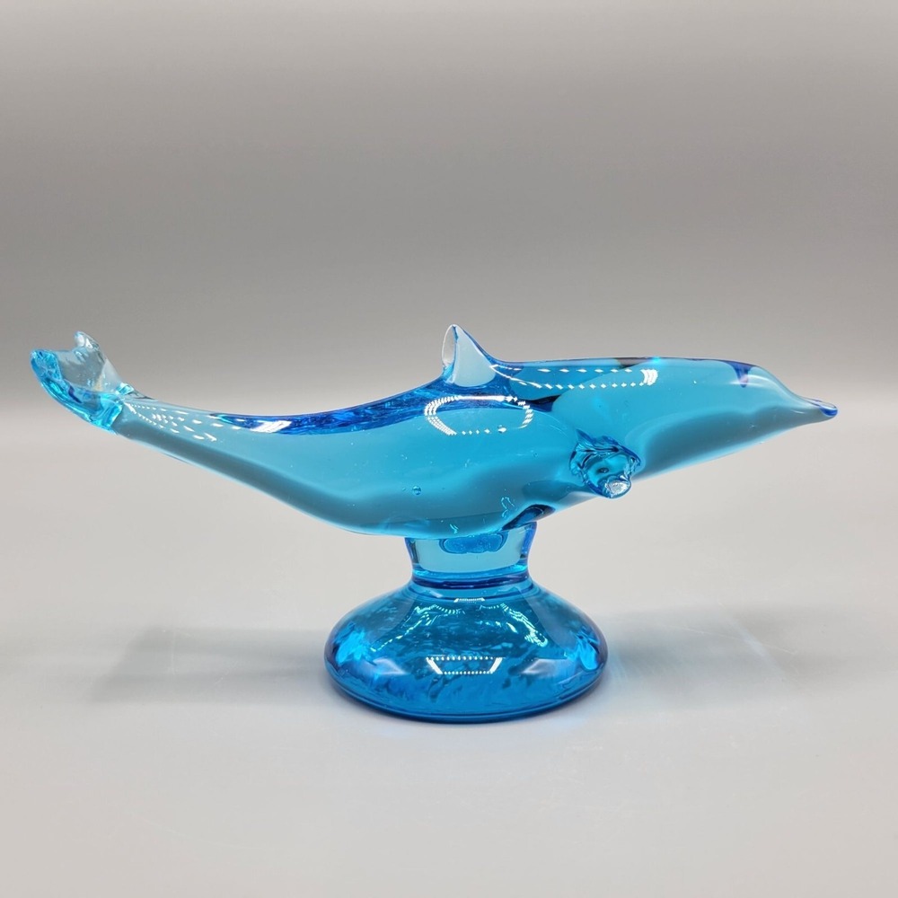 Vintage Art Glass Handblown Blue Glass Dolphin Figurine Sculpture